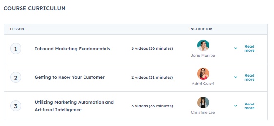 screenshot of course curriculum
